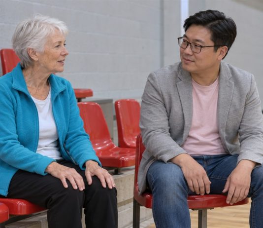 An older woman in a cyan cardigan and a man in a gray blazer talking on red seats in an indoor sports hall.