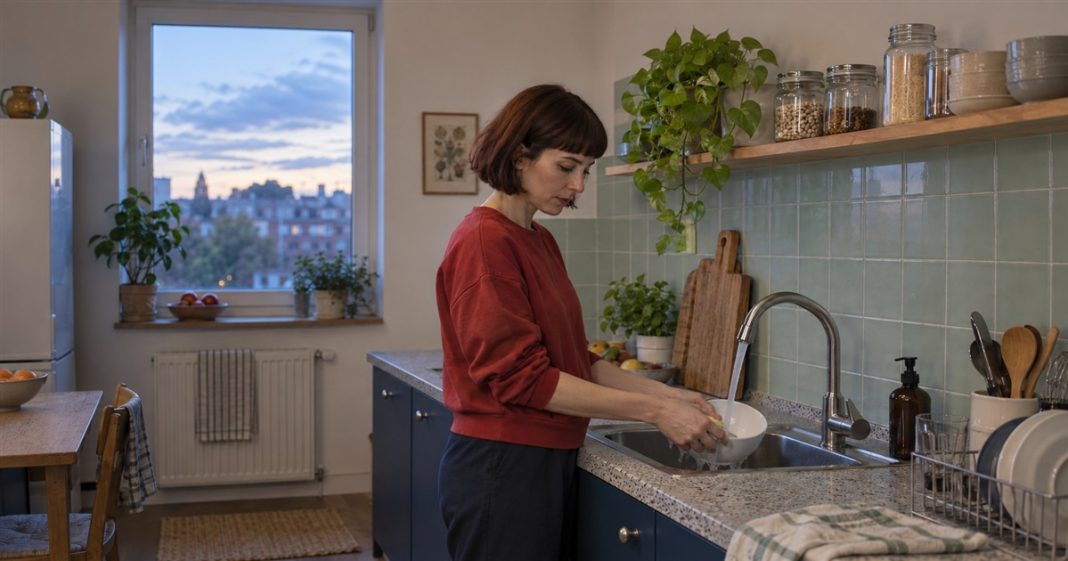 A woman in a red sweatshirt rinsing a white bowl at a kitchen sink with pale-green tiles.