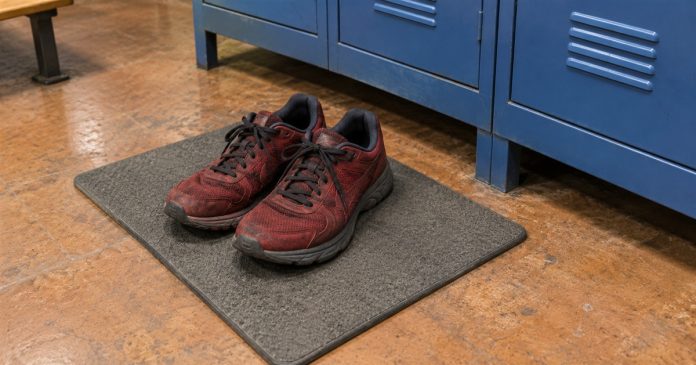 Flexible goals — running preparation A pair of worn dark-red running shoes on a gray rubber mat beside blue gym lockers.