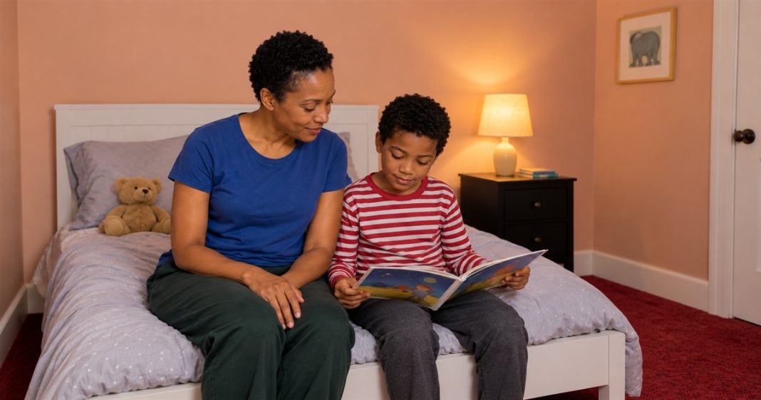 Everyday care — shared bedtime book A caregiver and child looking at an open picture book together while seated on a bed in a warmly lit bedroom.
