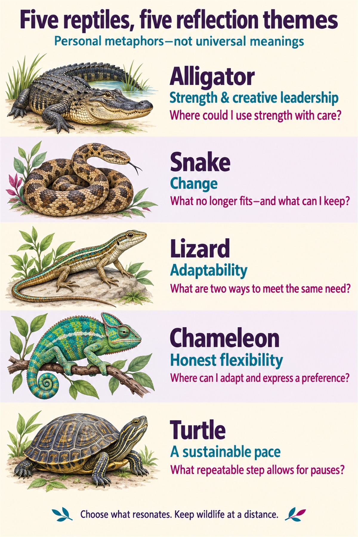 Five optional reptile-inspired reflection themes: alligator—strength with care; snake—change while keeping what matters; lizard—two ways to meet a need; chameleon—adapt while expressing a preference; turtle—a repeatable pace with pauses. These are personal metaphors, not universal meanings.
