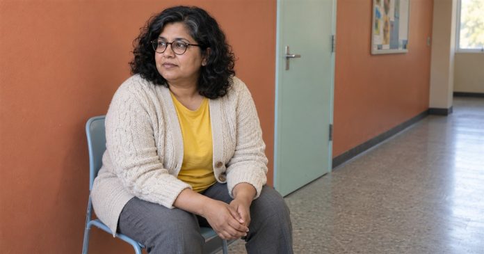 Self-respect: an ordinary pause — realistic cover 20261005 A woman with glasses and a cream cardigan seated on a blue chair in an orange-walled corridor.