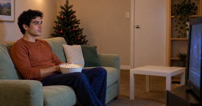Christmas alone: quiet movie evening — realistic cover 20261005 A man in an orange shirt watching television with popcorn on a green sofa beside a Christmas tree.