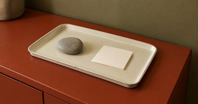 Simple intention altar: stone and card — realistic cover 20261005 A smooth gray stone and a blank folded card on an ivory tray atop a red metal cabinet.