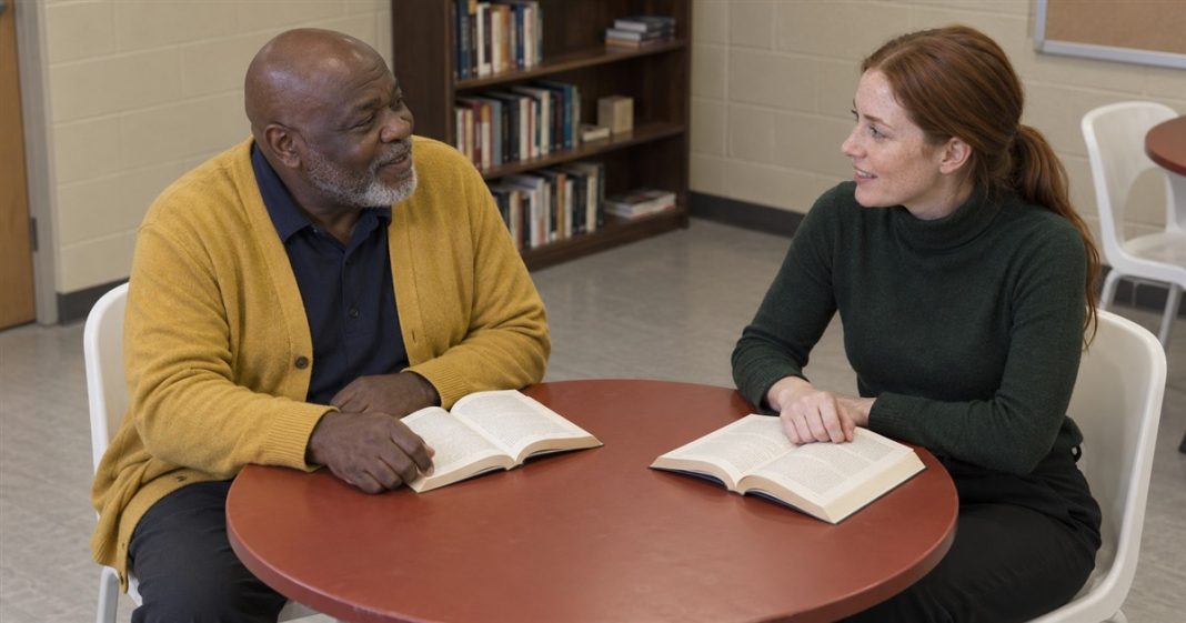 A man in a yellow cardigan and a woman in a green sweater discussing open books at a round table in a reading room.