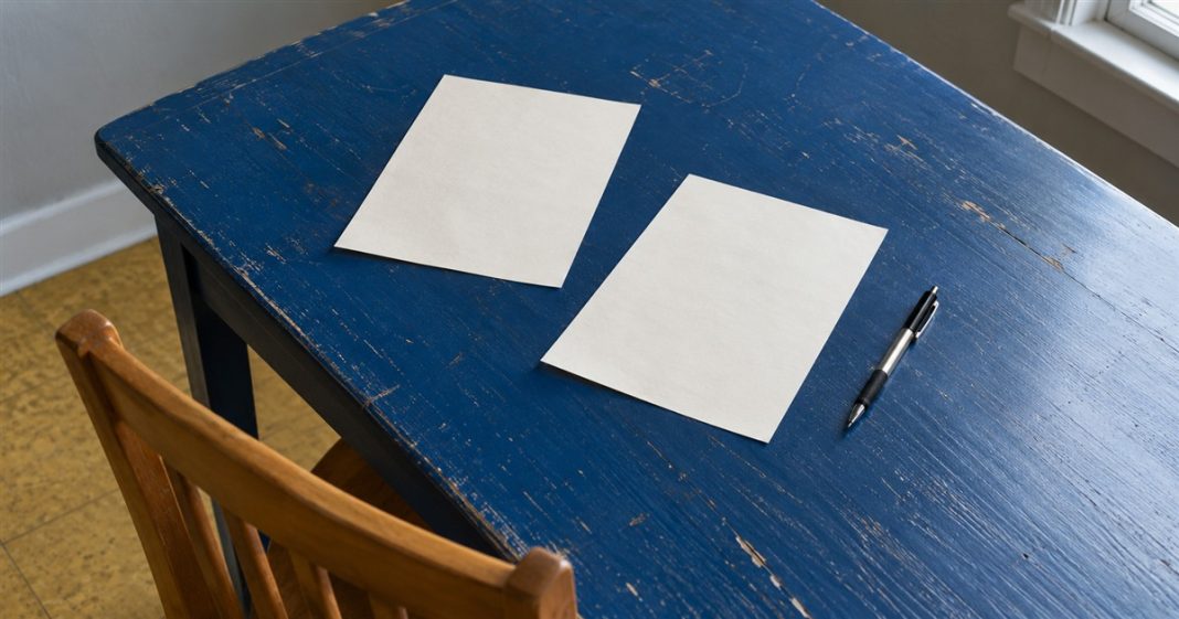 Optional two-letter reflection: blank paper — realistic cover 20261005 Two blank sheets of paper and a black-and-silver pen on a worn blue table beside a wooden chair.