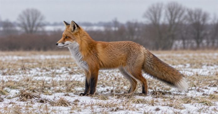 A red fox stands in profile in a field of dry grass and patchy snow, with bare trees blurred behind it.