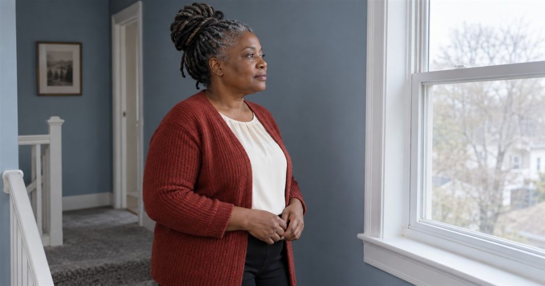 Boundaries are for the better — Quiet landing pause A woman in a brick-red cardigan stands by a window on a blue-walled landing, with her hands relaxed near her waist.