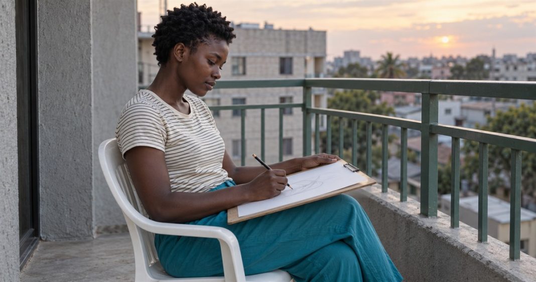 Self-love: a small drawing experiment — realistic cover 20261005 A woman in a striped shirt making pencil sketches on a drawing board while seated on a concrete balcony at sunset.