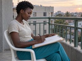 A woman in a striped shirt making pencil sketches on a drawing board while seated on a concrete balcony at sunset.