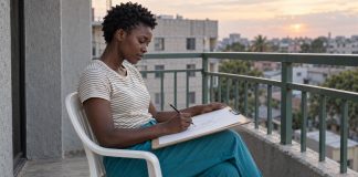 A woman in a striped shirt making pencil sketches on a drawing board while seated on a concrete balcony at sunset.