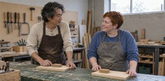 Two adults in work aprons pause to talk at a worn green woodworking bench, each with a wooden board and cork sanding block.