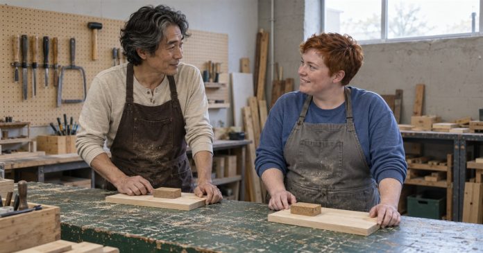 Romance: How and Where to Find Love — Woodworking conversation Two adults in work aprons pause to talk at a worn green woodworking bench, each with a wooden board and cork sanding block.