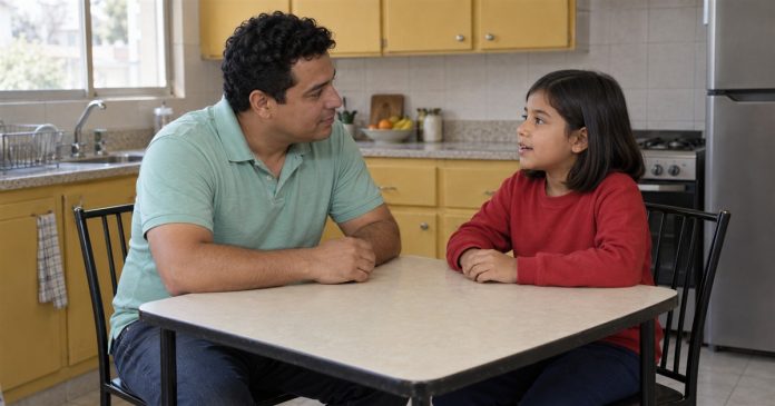 Sensitive child: ordinary parent listening — realistic cover 20261005 A man in a mint-green polo listening to a child in a red sweatshirt at a kitchen table.