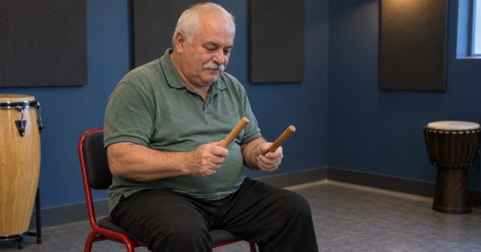 Small rhythm experiment — Conquering imaginary borders An older man seated on a red-framed chair, holding two wooden percussion sticks apart in a blue music-practice room.
