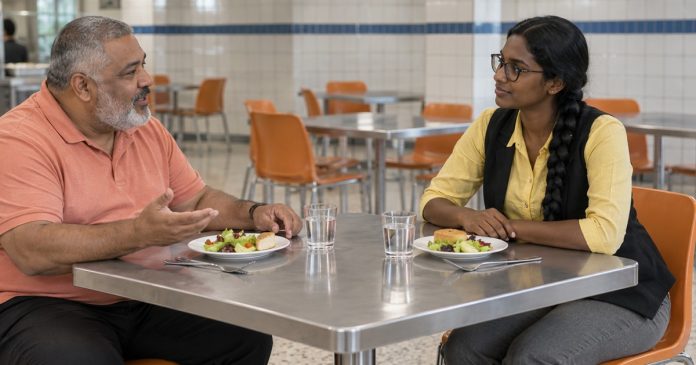 Photographic-style editorial image of two adults listening and talking over lunch at a cafeteria table.