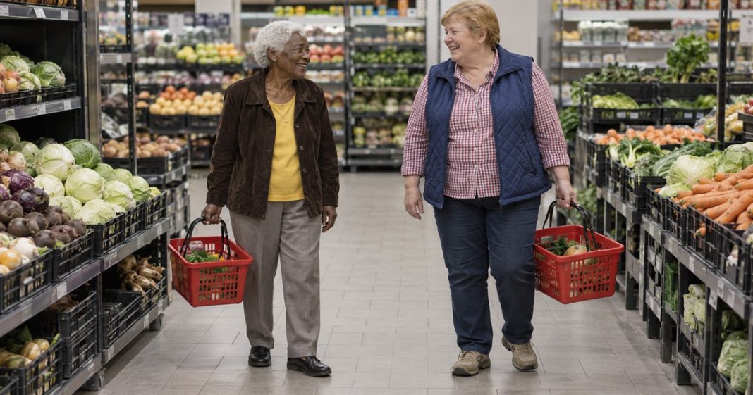 Best Friend Soulmate — Everyday Grocery Errand Two older friends smiling at each other while carrying grocery baskets through a supermarket produce aisle.