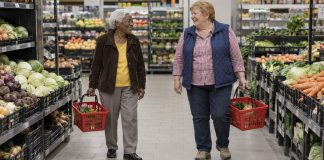 Two older friends smiling at each other while carrying grocery baskets through a supermarket produce aisle.