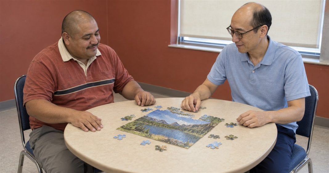 Two men in rust-red and light-blue shirts working on a landscape jigsaw puzzle at a beige table.