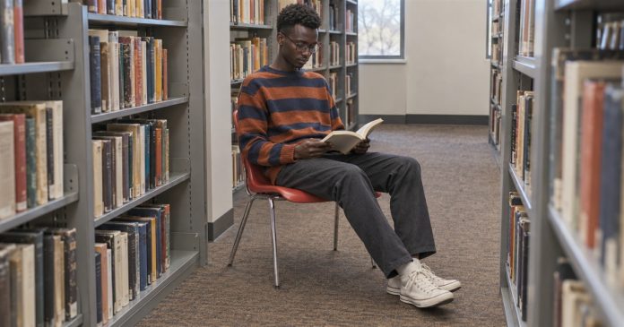 Old soul — library curiosity realistic cover 3442 A young man in an orange-and-navy striped sweater reading a paperback on a red chair between library bookshelves.