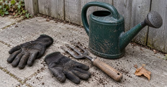 3511 Realistic Gardening Memory 20261004 Worn gardening gloves, a three-tined hand fork and green watering can on concrete beside a weathered fence.