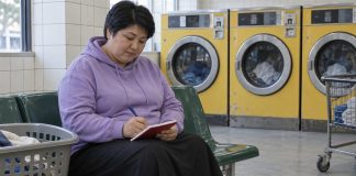 Woman in a lilac hoodie writing in a red notebook on her lap while seated in a laundromat