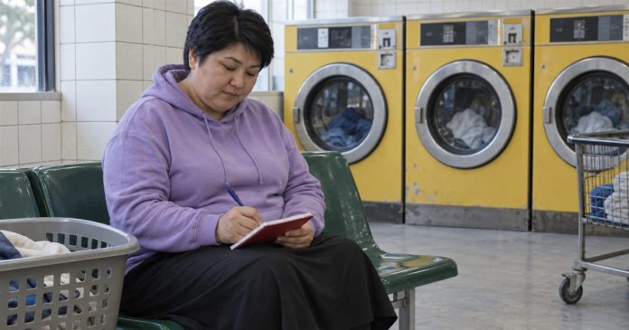 Woman in a lilac hoodie writing in a red notebook on her lap while seated in a laundromat