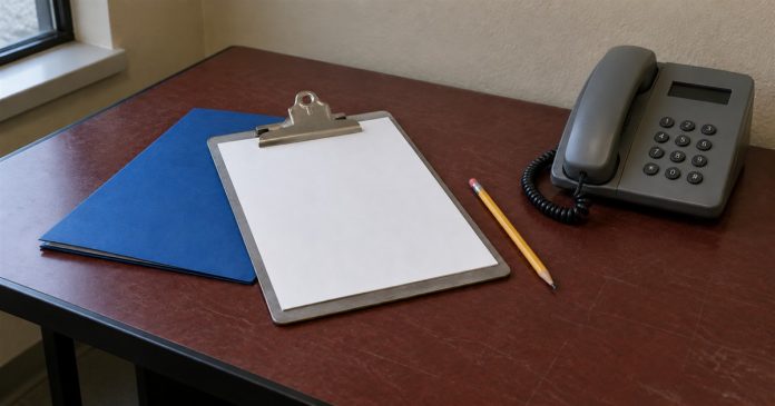 Responsible reporting plain workspace realistic cover 3564 Gray corded telephone, blank clipboard, blue folder and pencil on a worn red-brown desk