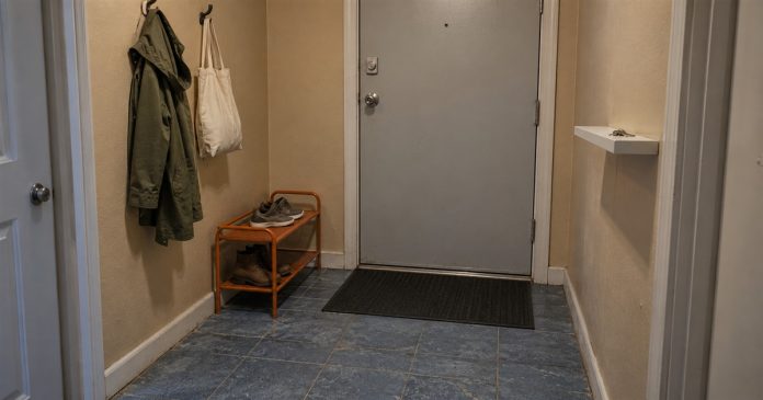 Home reset ordinary entryway realistic cover 3579 Modest apartment entryway with a gray door, orange shoe rack, coat, canvas bag and black doormat