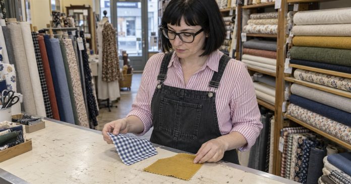 Intuition small fabric choice realistic cover 3589 Woman in glasses and striped shirt comparing blue gingham and mustard fabric samples in a textile shop