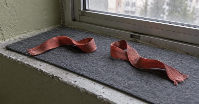 Spiritual tie separate ribbons realistic cover 3626 Two separate rust-red fabric ribbons rest on a gray felt mat on a worn windowsill.