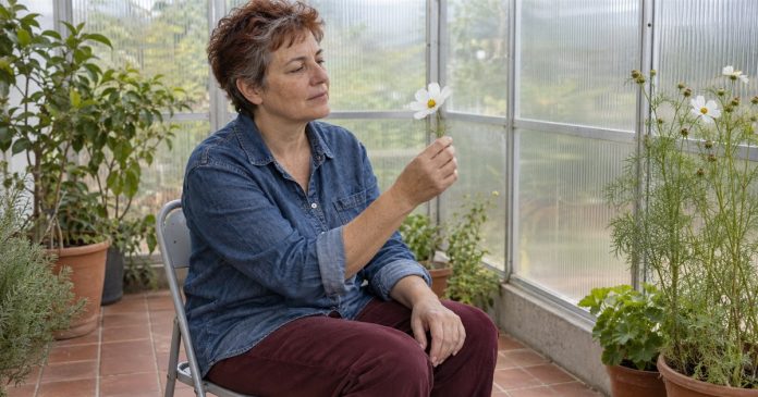 A woman in a denim shirt sits in a conservatory, looking at a white flower held gently by its stem.