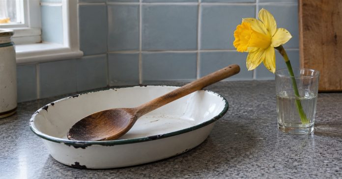 Worn wooden spoon in a chipped white enamel dish beside a yellow daffodil in a glass on a kitchen counter.