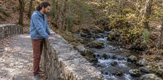 Man in a blue jacket resting his hands on a stone bridge parapet while looking at a woodland creek.