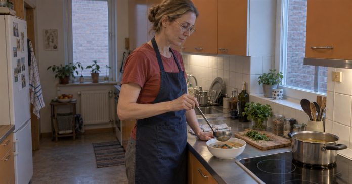 Woman in a blue apron serving soup into a white bowl in a modest orange-cabinet kitchen.