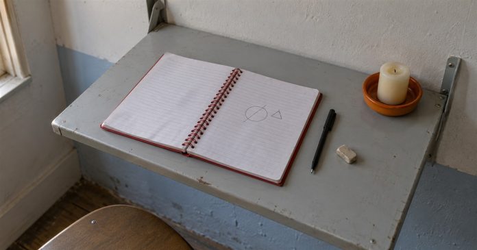 Crafting realistic grimoire shelf 3737 Open spiral notebook with a simple geometric sketch, pen and unlit candle on a gray metal shelf.