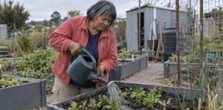 Woman in a coral work jacket watering seedlings in a raised garden bed on an overcast day.