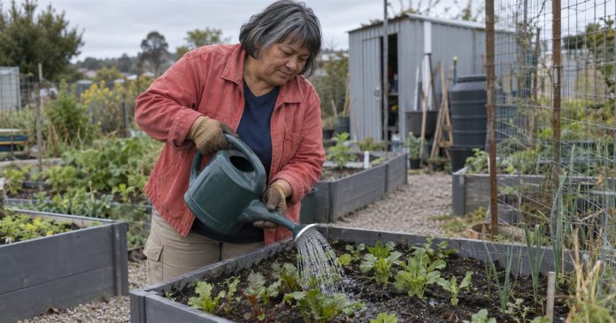 Woman in a coral work jacket watering seedlings in a raised garden bed on an overcast day.