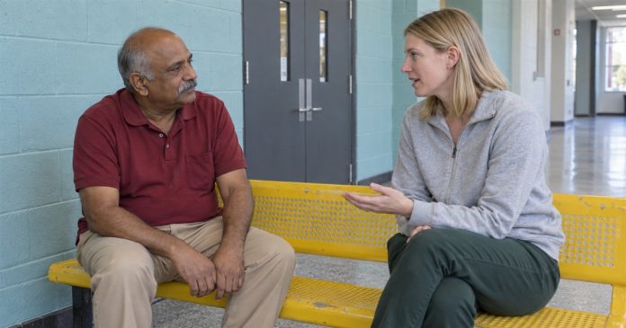 Intuitive Empath realistic recreation center listening 20261004 Man in a red polo listening to a woman in a gray sweatshirt on a yellow recreation-center bench.