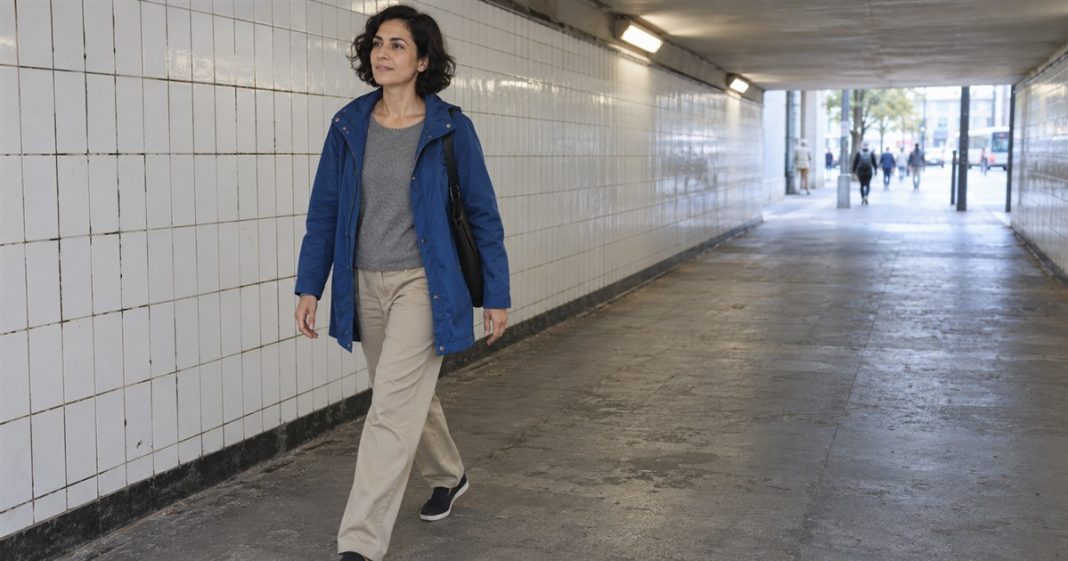 Walking Away realistic city walk 20261004 Woman in a blue raincoat walking through a tiled pedestrian underpass with daylight beyond.