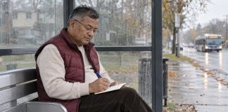 Man in a burgundy vest writing in a notebook on his lap at a rain-spotted bus shelter.