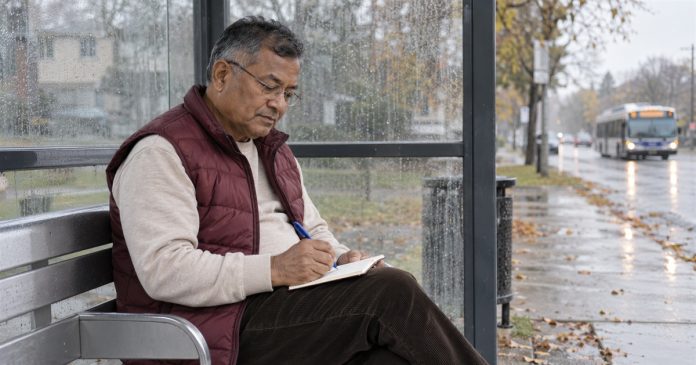 Are You Psychic realistic bus shelter journal 20261004 Man in a burgundy vest writing in a notebook on his lap at a rain-spotted bus shelter.
