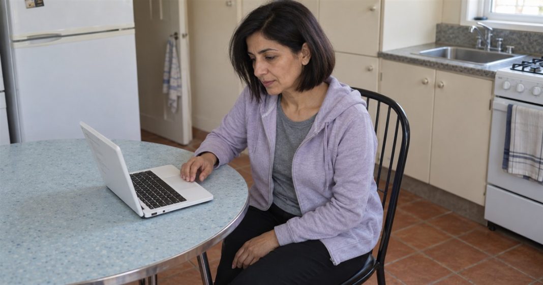 Psychic888 realistic compact laptop preparation 3808 Woman in a pale-lilac hoodie preparing notes on a compact white laptop at a round kitchen table.