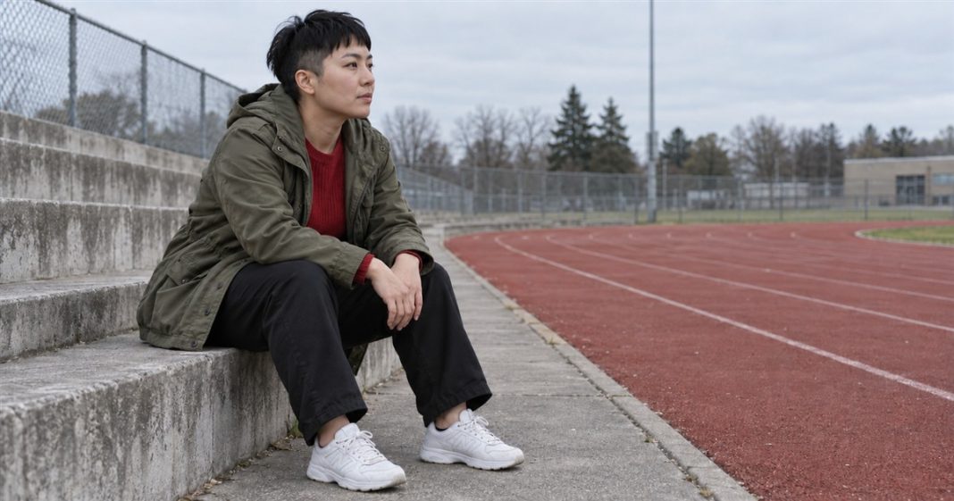 Psychic888 realistic trackside quiet pause 3812 Woman in an olive jacket and red sweater sitting thoughtfully on concrete steps beside a running track.