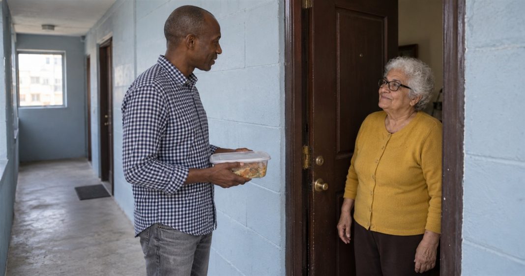 Psychic888 realistic neighbor meal kindness 3818 Man holding a closed meal container while speaking with an older woman at an apartment doorway.