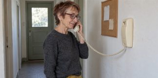 Older woman in glasses holding a cream corded telephone handset in a plain home hallway.