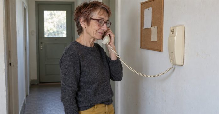 Older woman in glasses holding a cream corded telephone handset in a plain home hallway.
