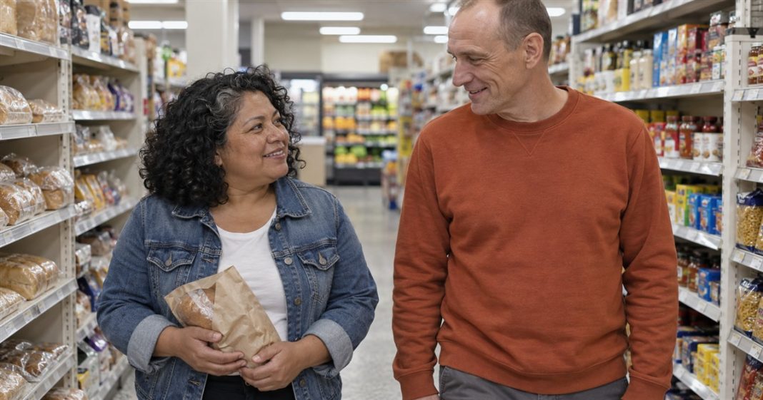 Two middle-aged adults smiling at each other in a grocery aisle, one holding a paper bread bag.