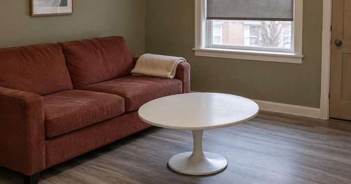 Psychic888 realistic cleared living area 3830 A modest living room with a brick-red sofa, folded blanket and cleared white coffee table.