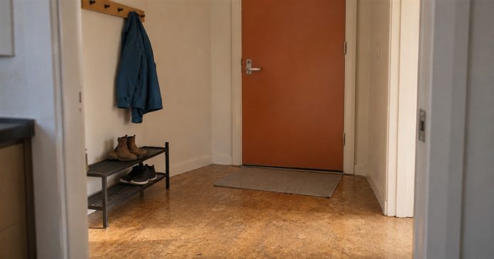 Psychic888 realistic clear entryway 3859 A clear home entryway with an orange door, a compact shoe rack and a blue coat on wall hooks.